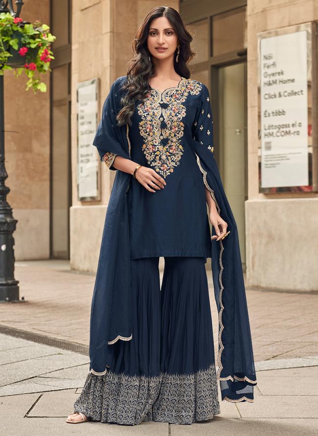 Premium Silk Navy Blue Party Wear Embroidery Work Readymade Sharara Suit